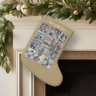 12-Foto-Collage mit goldenem Hintergrund Kleiner Weihnachtsstrumpf