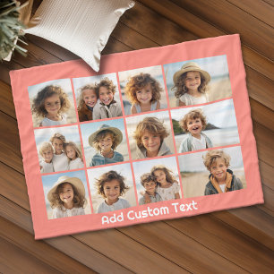 12-Foto-Collage mit Korallen-Pfirsich und Text Fleecedecke