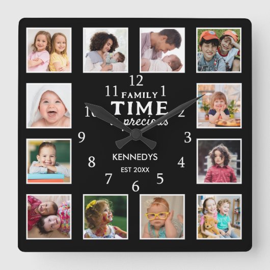12 Foto Collage Picture Frame Familienangebot Schw Quadratische Wanduhr (Vorderseite)