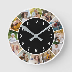 12 Foto-Collage Schwarz-Weiß Familie & Freunde Runde Wanduhr