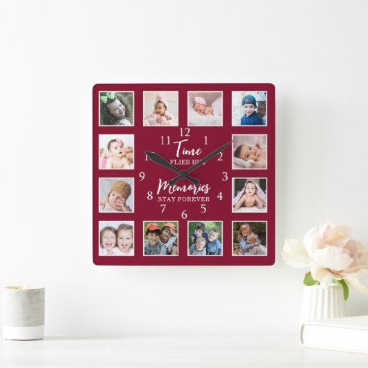 12 Foto Collage Time Flies Erinnerungen Bleibe Bur Quadratische Wanduhr (Zuhause)