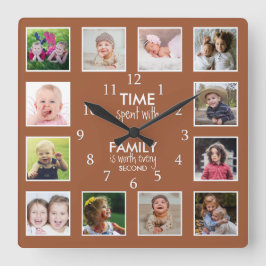 12 Foto Collage Time mit Familienangebot Terrakott Quadratische Wanduhr