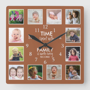 12 Foto Collage Time mit Familienangebot Terrakott Quadratische Wanduhr