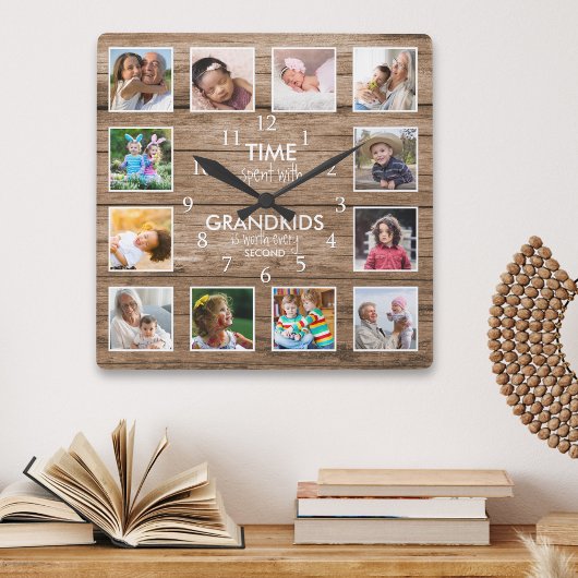 12 Foto Collage Time mit Grandkids Zitat Quadratische Wanduhr