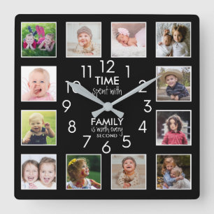 12 Foto-Collage Zeit mit Familienzitat Schwarz Quadratische Wanduhr