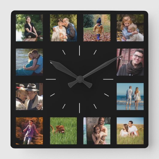 12 Foto der Bildfamilie ✨ Collage Custom Quadratische Wanduhr (Vorderseite)