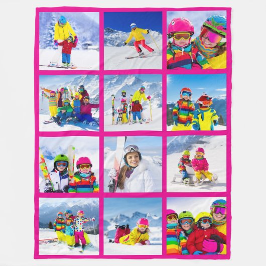 12 Foto Grid Collage Hot Pink Fleecedecke (Vorderseite)