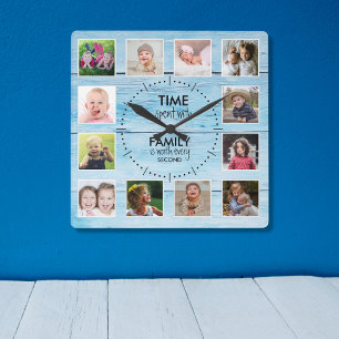 12 Foto Time Family Zitat Blue Wood Beach House Quadratische Wanduhr