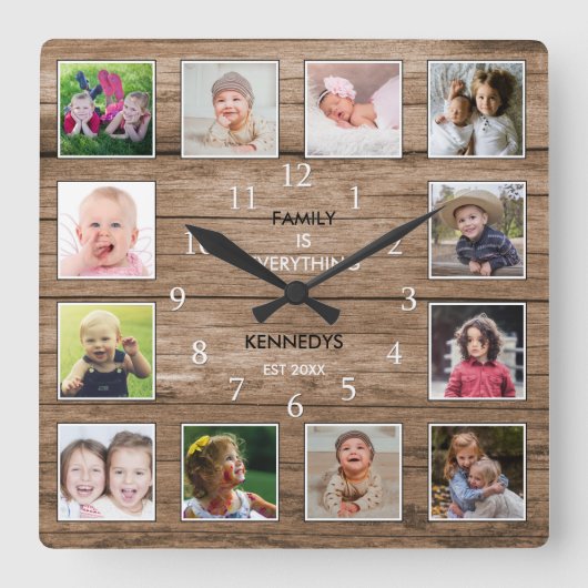 12 Foto von Collage Family Quote Reclaimed Wood Quadratische Wanduhr (Vorderseite)