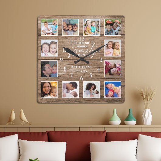 12 Foto von Collage Family Quote Reclaimed Wood Quadratische Wanduhr