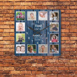12 Foto Zeit mit Familienangebot Blue Wood verbrac Quadratische Wanduhr