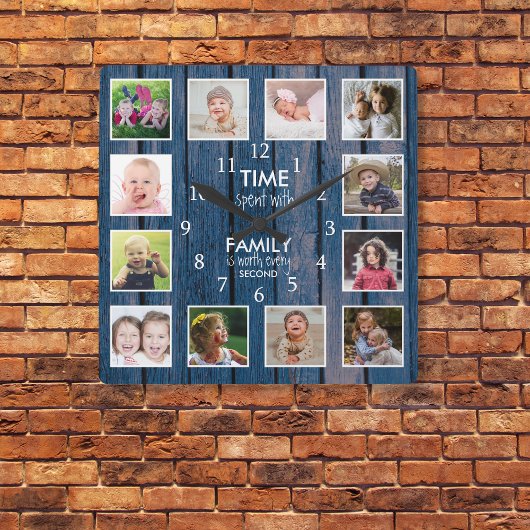 12 Foto Zeit mit Familienangebot Blue Wood verbrac Quadratische Wanduhr