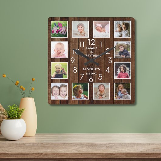 12 Fotocollage Familienname Personalisiertes Holz Quadratische Wanduhr