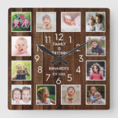 12 Fotocollage Familienname Personalisiertes Holz Quadratische Wanduhr (Vorderseite)