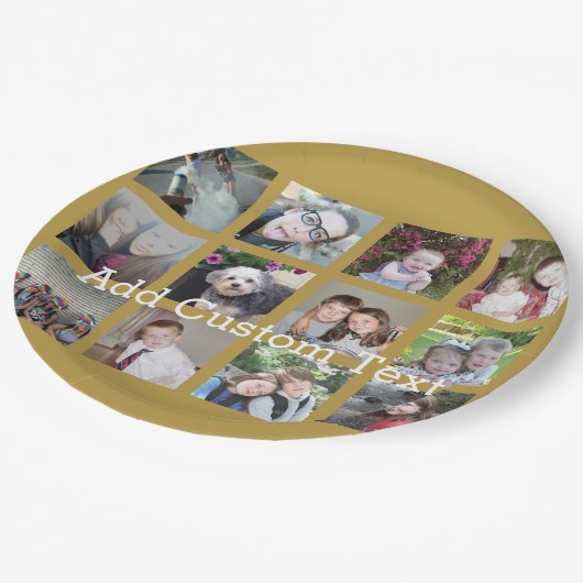 12 FotoCollage mit Gold Hintergrund Pappteller (Schrägansicht)