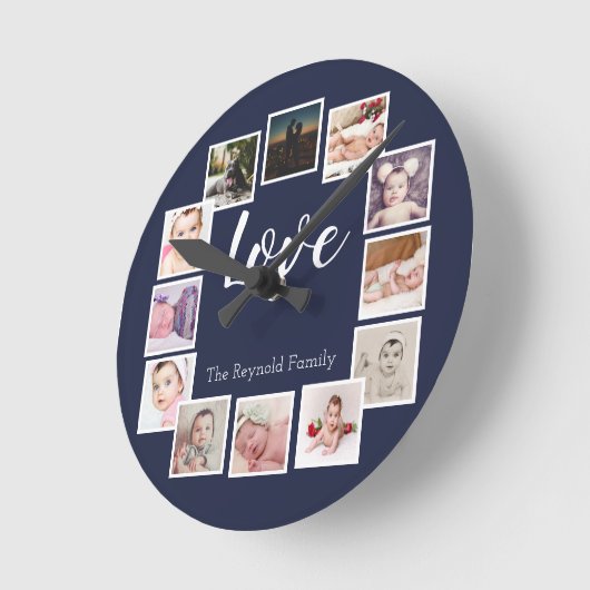 12 FotoCollage Personalisiert Blue Runde Wanduhr (Winkel)