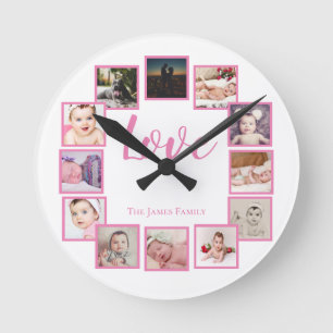 12 FotoCollage Personalisiert rosa weiß Runde Wanduhr