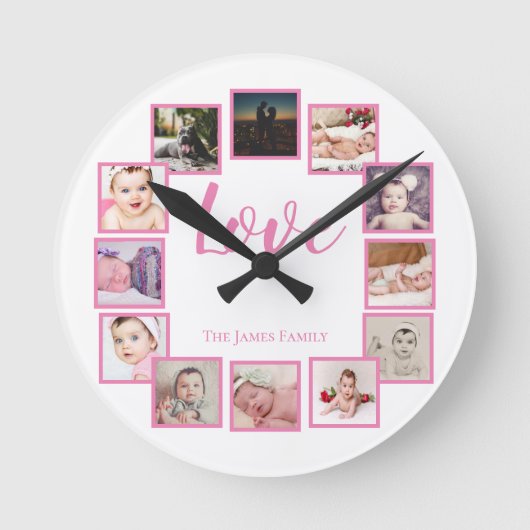 12 FotoCollage Personalisiert rosa weiß Runde Wanduhr (Vorderseite)