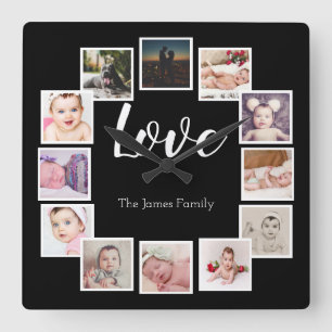 12 Fotocollage Personalisierte LIEBE Quadratische Wanduhr