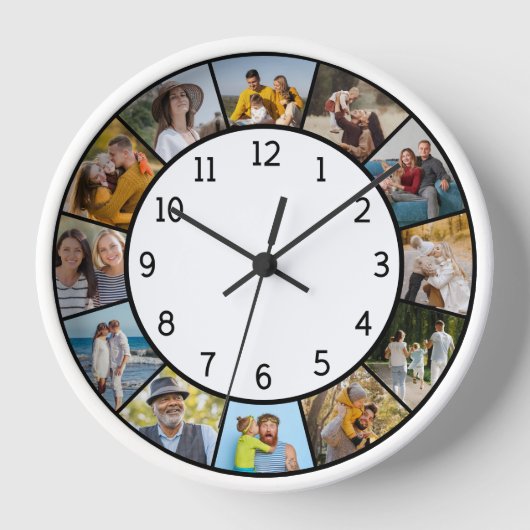 12 Fotocollage Schwarz & Weiß Familie & Freunde Uhr (Vorderseite)