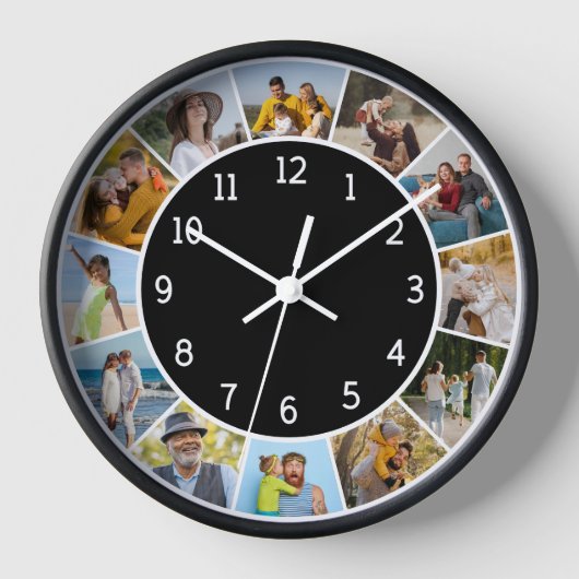 12 Fotocollage Schwarz & Weiß Familie & Freunde Uhr (Vorderseite)