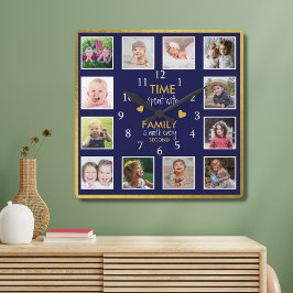 12 FotoCollage Time mit Familienangebot Blue Gold Quadratische Wanduhr