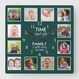 12 FotoCollage Time mit Familienangebot Grün Quadratische Wanduhr