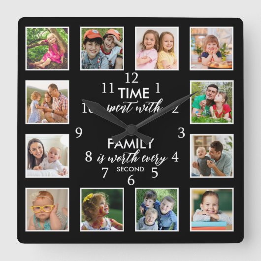 12 FotoCollage Time mit Familienangebot Schwarz Quadratische Wanduhr (Vorderseite)
