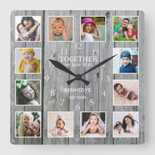 12 Fotocollage zusammen Familienangebot Graues Hol Quadratische Wanduhr (Vorderseite)