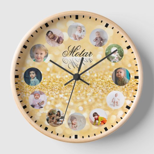 12 Fotos Collage Personalisiert Name Golden Style Uhr (Vorderseite)