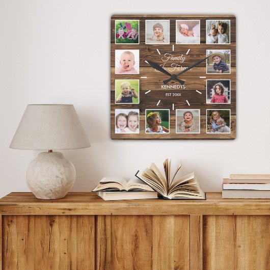 12 Fotosammlerfamilie ist ewig rustikales Holz Quadratische Wanduhr