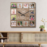 12 Fotosammlungszeit mit Holz für Familien Quadratische Wanduhr<br><div class="desc">Rustikale Holzuhr mit inspirierend Familienausdruck "Zeit mit der Familie ist jede Sekunde wert". Personalisieren Sie Ihre Lieblingsbilder mit 12 Familienbildern.</div>