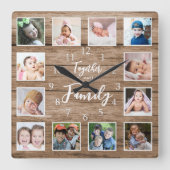 12 Fotovorlagen zusammen machen Familienzifferholz Quadratische Wanduhr (Vorderseite)