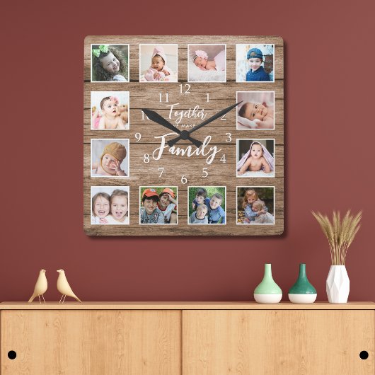 12 Fotovorlagen zusammen machen Familienzifferholz Quadratische Wanduhr