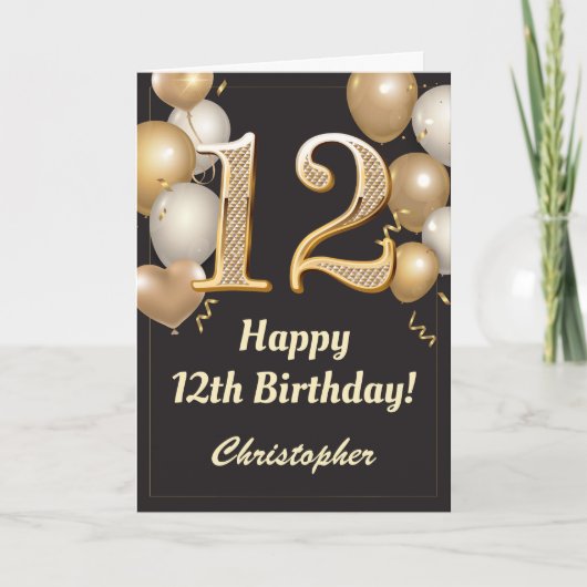 12. Geburtstag Black and Gold Balloons Confetti Karte (Vorderseite)