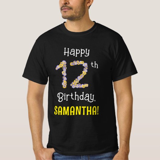 12. Geburtstag: Blumennummer "12" + Name der Blume T-Shirt (Vorderseite)