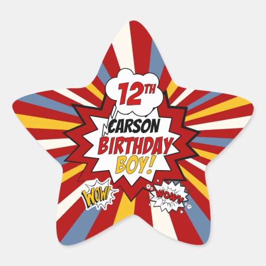 12. Geburtstag Boy Superhero Comic mit Namen Stern-Aufkleber (Vorderseite)