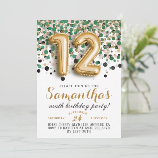 12. Geburtstag Confetti Einladung (Stehend Vorderseite)