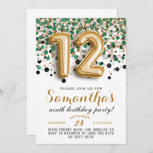12. Geburtstag Confetti Einladung (Vorne/Hinten)