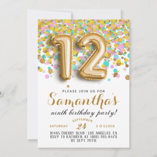 12. Geburtstag Confetti Einladung (Vorderseite)