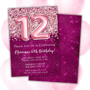 12. Geburtstag Einladung Girl Magenta Pink Glitzer