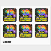 12. Geburtstag: Fun Fireworks Look, Rainbow # 12 Quadratischer Aufkleber (Blatt)