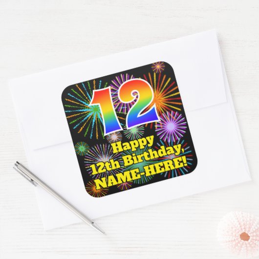 12. Geburtstag: Fun Fireworks Look, Rainbow # 12 Quadratischer Aufkleber (Umschlag)