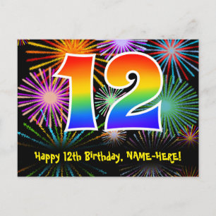 12. Geburtstag - Fun Fireworks Pattern + Regenboge Postkarte