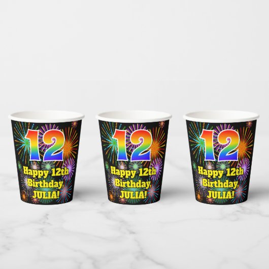 12. Geburtstag: Fun Fireworks Pattern + Regenbogen Pappbecher (Multi)