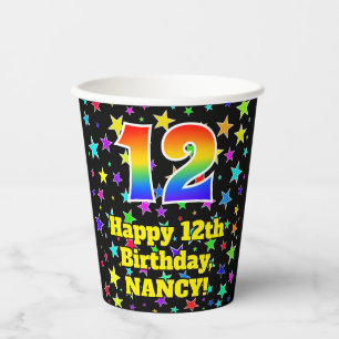 12. Geburtstag: Fun Stars Muster und Regenbogen 12 Pappbecher