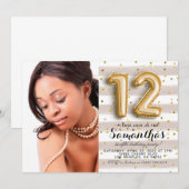 12. Geburtstag gestreiftes Gold-Portrait Einladung (Vorne/Hinten)