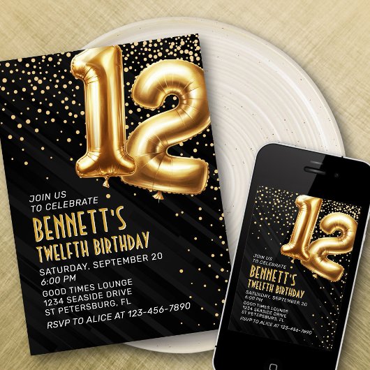 12. Geburtstag Gold Black Einladung