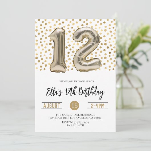 12. Geburtstag Gold Punkt Einladung (Stehend Vorderseite)