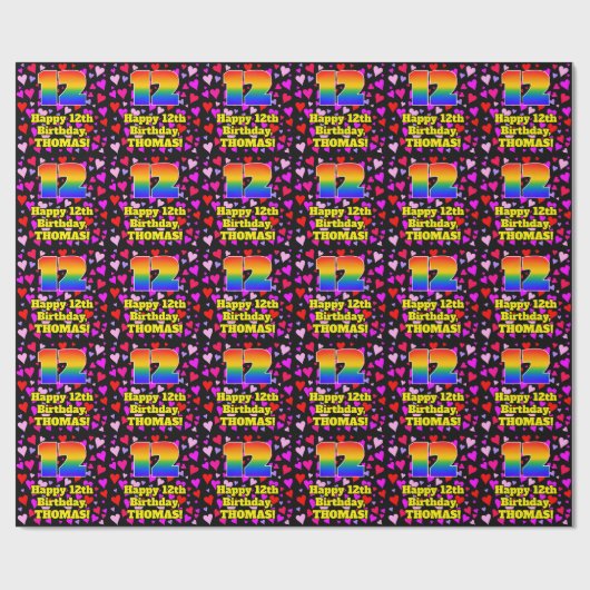 12. Geburtstag: Loving Hearts Pattern, Regenbogen Geschenkpapier (Flach)